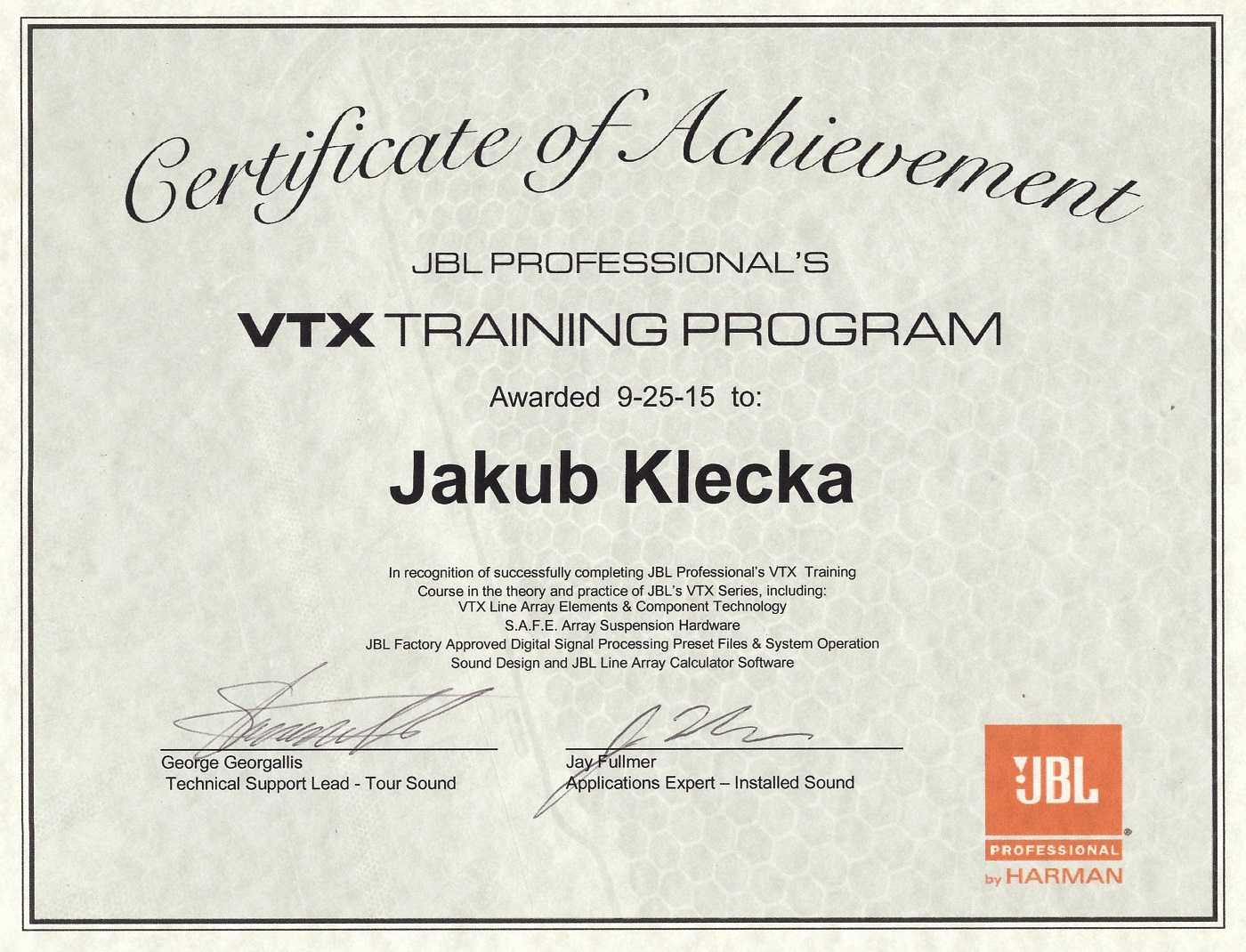 certificate JBL Klecka