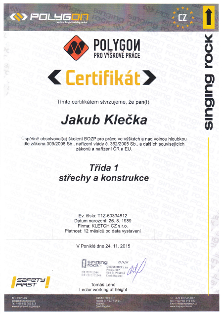 certificate roof constructions Klecka