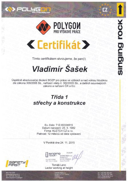 certificate roof constructions Sasek