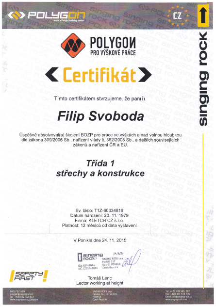 certificate roof constructions Svoboda